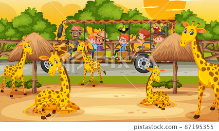 Safari at sunset scene with kids watching giraffe group 87195355