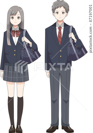 Full-body standing pose, male and female students, blazer clothes plaid Full-body standing pose, male and female students, blazer clothes plaid 87197001