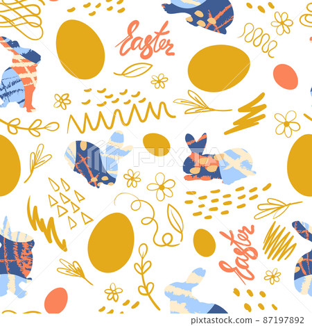 Easter bunny, chicken eggs and doodle with the inscription Easter. Festive seamless pattern. Vector 87197892