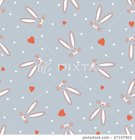 Easter bunny and hearts, polka dot seamless pattern. Vector 87197903