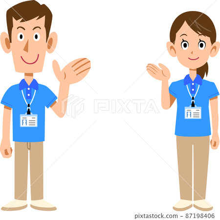 A set of male and female staff wearing name tags in short-sleeved polo shirts guided by the palm of your hand 87198406