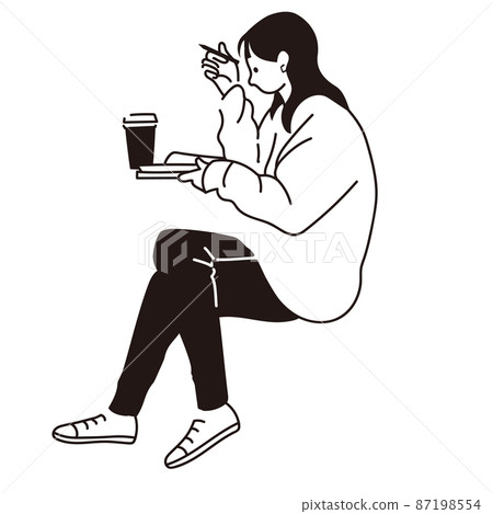 Illustration vector material: Vector line drawing of a woman studying at a cafe 87198554