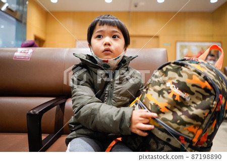 A 4-year-old boy with a chin mask coming to a jumper, meeting in the Shinkansen waiting room before going on a trip A 4-year-old boy with a chin mask coming to a jumper, meeting in the Shinkansen waiting room before going on a trip 87198890