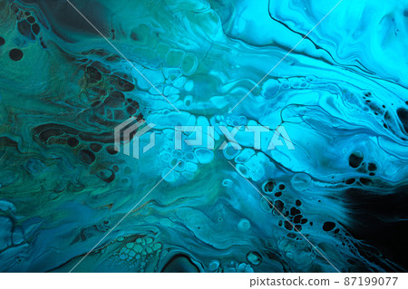 Fluid Art. Green and fluorescent blue abstract wave swirls on black background. Marble effect background or texture Fluid Art. Green and fluorescent blue abstract wave swirls on black background. Marble effect background or texture 87199077