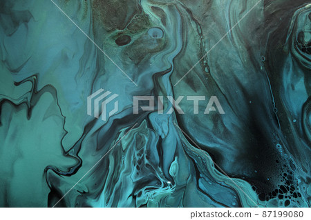 Fluid Art. Metallic Green and blue abstract waves with golden particles on black background. Marble effect background or texture Fluid Art. Metallic Green and blue abstract waves with golden particles on black background. Marble effect background or texture 87199080