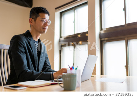 遠程辦公期間對在線會議上似乎令人信服的演示內容微笑的商務人士 遠程辦公期間對在線會議上似乎令人信服的演示內容微笑的商務人士 87199353