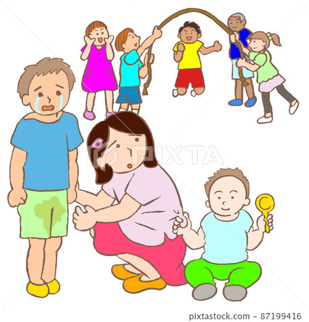 年輕的照顧者插圖一個女孩在照顧弟弟的同時羨慕地看著她的同學 87199416