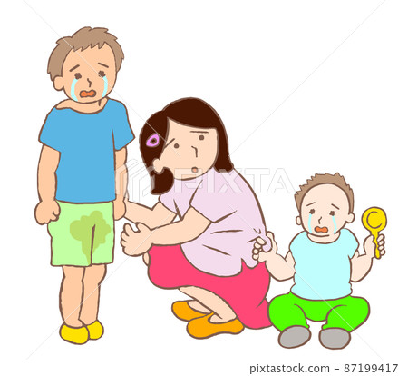 Young carer Illustration of an elementary school girl taking care of her younger brothers 87199417