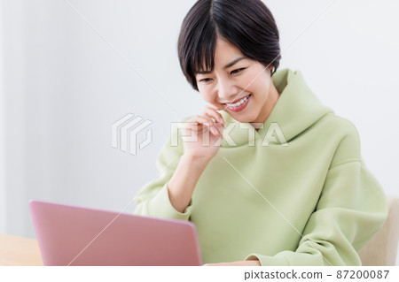 在客廳裡使用筆記本電腦的女士 87200087