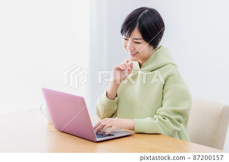 在客廳裡使用筆記本電腦的女士 在客廳裡使用筆記本電腦的女士 87200157