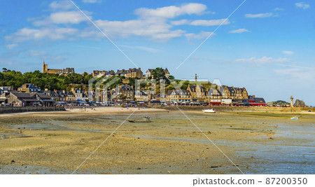 Stunning view of Cancale during low tide, picturesque fishing village on atlantic coast famous for the oyster farming, Brittany, France Stunning view of Cancale during low tide, picturesque fishing village on atlantic coast famous for the oyster farming, Brittany, France 87200350