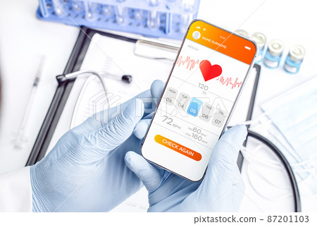 Health apps medical technology. Doctor using mobile smart phone. Online medicine application on digital smartphone screen. Mobile medicine, online doctor. 87201103