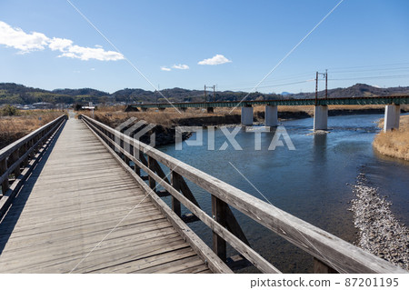 Joshin Dentetsu Railway Bridge in the back of Sano Bridge and Karasu River, Takasaki City, Gunma Prefecture 87201195