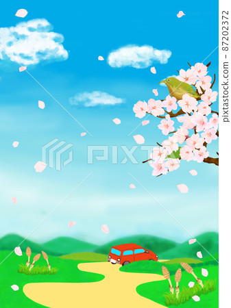 Background material where Mejiro, cherry blossoms and cherry blossom petals dance against the blue sky and meadow 87202372