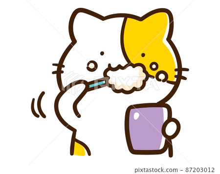 Handwritten style illustration of a cute cat character brushing teeth Handwritten style illustration of a cute cat character brushing teeth 87203012