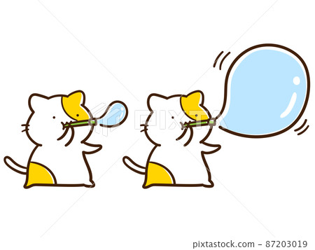 Handwritten style illustration set of cute cats that inflate soap bubbles Handwritten style illustration set of cute cats that inflate soap bubbles 87203019