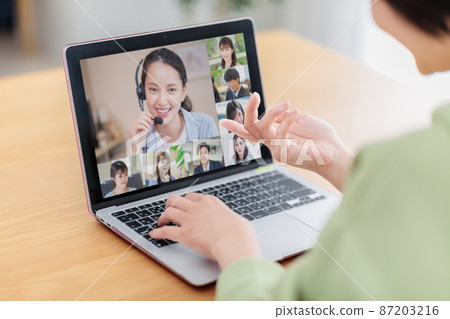 Women attending online meetings at home 87203216