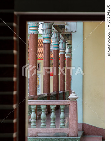 Architecture chinese-style temple with pillars inside the Wat Bhoman Khunaram. Architecture chinese-style temple with pillars inside the Wat Bhoman Khunaram. 87204230