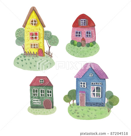 Watercolor houses. Set of cute fairytale houses. Hand painted illustrations, isolated on white. Cartoon hand drawn style. Watercolor houses. Set of cute fairytale houses. Hand painted illustrations, isolated on white. Cartoon hand drawn style. 87204518
