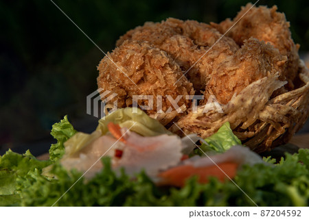 Close-up of Deep-fried shrimp cakes (Tod Mun Goong) and vegetable with chili sauce on wooden background. 87204592