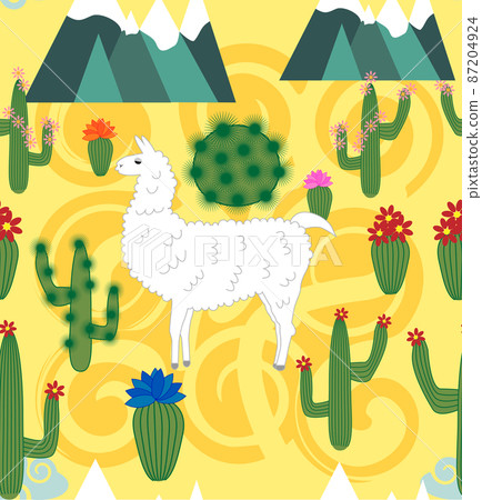 seamless pattern with cute cartoon llama alpaca with cactus and design elements in flat cartoon style. 87204924