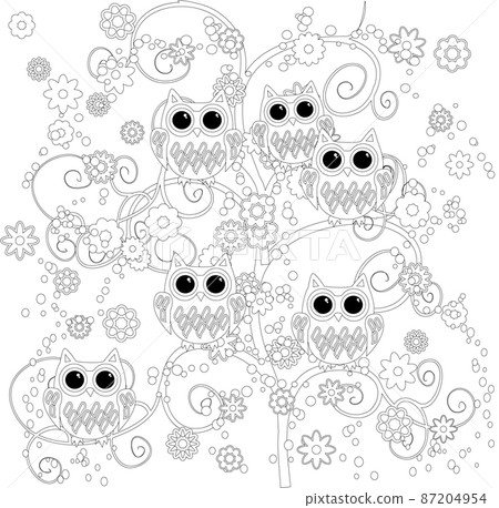 Coloring book for adult and older children. Coloring page with cute owl and flowers. Outline drawing Coloring book for adult and older children. Coloring page with cute owl and flowers. Outline drawing 87204954