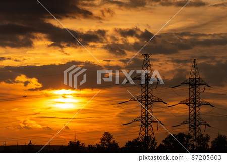 Power lines in the setting sun Power lines in the setting sun 87205603
