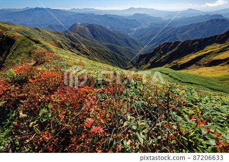 從秋葉谷川山脈垂直跑道看到的穗高山和赤城山的山脈 87206633