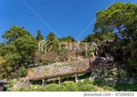 Hogonji Temple on Chikubu Island in the morning as seen from the dock at Lake Biwa, Nagahama City, Shiga Prefecture 87208928
