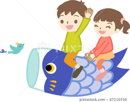 Children, carp streamers and birds with a white background 87210356