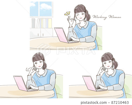 一名年輕女子在電腦上工作的插圖集 一名年輕女子在電腦上工作的插圖集 87210463