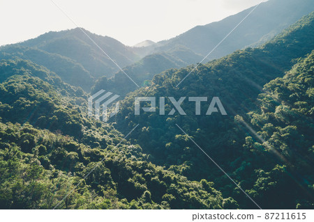 Aerial view of forest landscape of sunrise over summer mountains Aerial view of forest landscape of sunrise over summer mountains 87211615