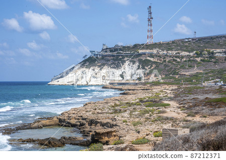 Mediterranean sea, white chalk rocks and some beaches captured from Rosh HaniKra formation in Israel. 87212371