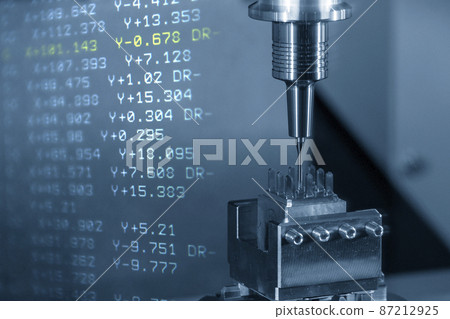 Abstract scene CNC milling machine cutting the copper electrode parts and G-code data background. 87212925