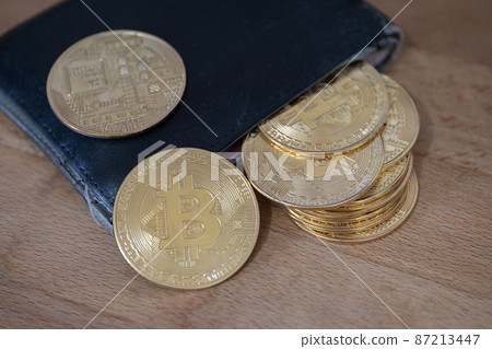 Bitcoins and crypto currency wallet close up and copy space 87213447
