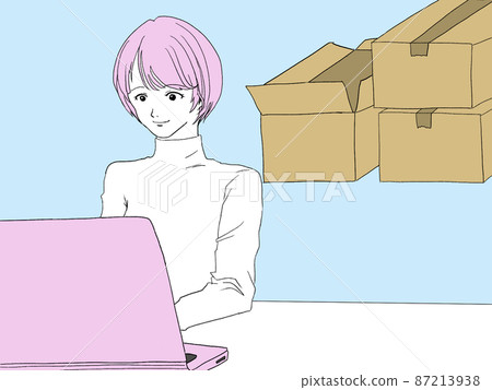Illustration_A woman working on a PC in a room with cardboard 87213938
