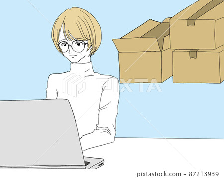 Illustration_A woman operating a PC in front of a cardboard Illustration_A woman operating a PC in front of a cardboard 87213939