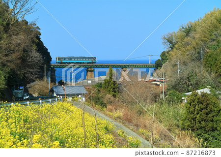 [Ehime Prefecture] Rape field and Motomura River Bridge under clear skies (Iyo-nada Sea in the Seto Inland Sea) 87216873