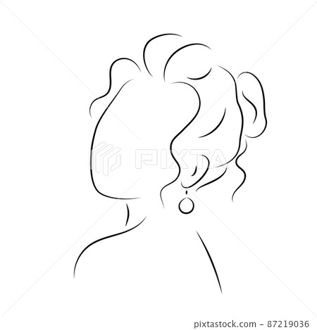 The silhouette of womans face and hairstyle. Icon for stylists design, logo, or business card. Vector illustration in the style of sketch, line art, minimalism 87219036
