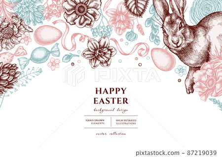 Easter hand drawn illustration design. Background with vintage rabbit, eggs, willow branches 87219039