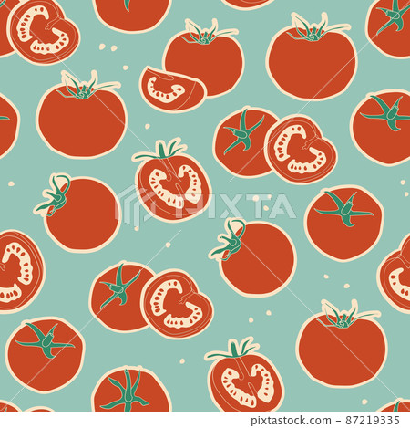 Vintage vector seamless pattern with red tomatoes on a blue background. Whole fruit cut in half and quarter. Repetitive elements. 87219335