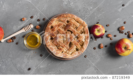 top view pie with honey apples top view pie with honey apples 87219349