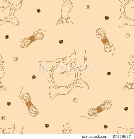 Seamless pattern embroidery, threads and heart hand gesture on light yellow background with buttons and skeins of threads. Vector illustration. Linear hand drawings in doodle style. Seamless pattern embroidery, threads and heart hand gesture on light yellow background with buttons and skeins of threads. Vector illustration. Linear hand drawings in doodle style. 87219657