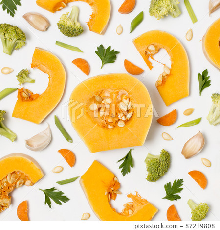 top view organic pumpkin with broccoli table 87219808