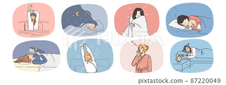 Set of tired woman relax sleep in bed Set of tired woman relax sleep in bed 87220049