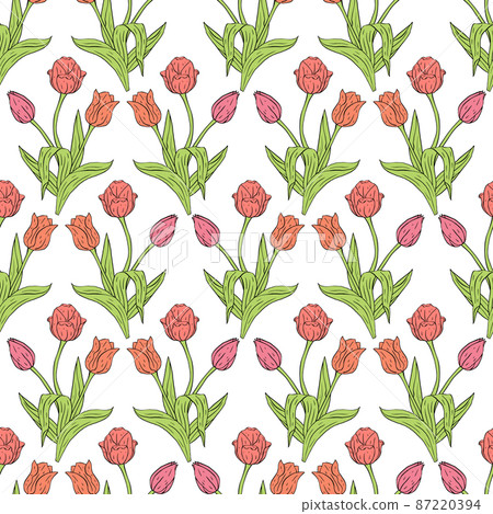Vintage seamless pattern with pink tulips flowers and leaves on white Vintage seamless pattern with pink tulips flowers and leaves on white 87220394