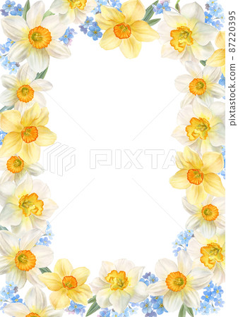 Frame with spring flowers, daffodils and forget-me-nots, watercolor illustration Frame with spring flowers, daffodils and forget-me-nots, watercolor illustration 87220395