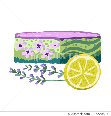 Colorful hand made soap illustrations isolated on white background.  87220804