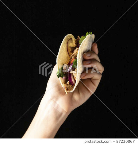 close up hand holding taco with meat close up hand holding taco with meat 87220867