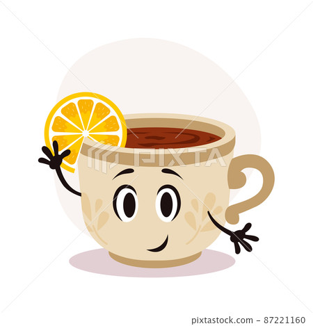 Vector white tea cup with hot drink. Tea with lemon piece. Happy cartoon character with print on surface Vector white tea cup with hot drink. Tea with lemon piece. Happy cartoon character with print on surface 87221160